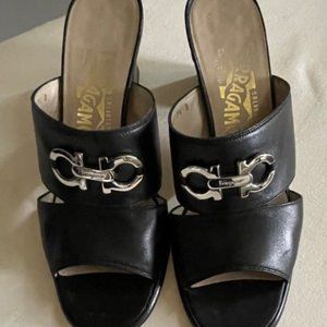 Salvatore Ferragamo Gancini Black Sandals, 7.5B